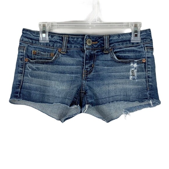 American Eagle Denim Booty Shorts Women Sz 2 Destroyed Cutoffs - Picture 1 of 7